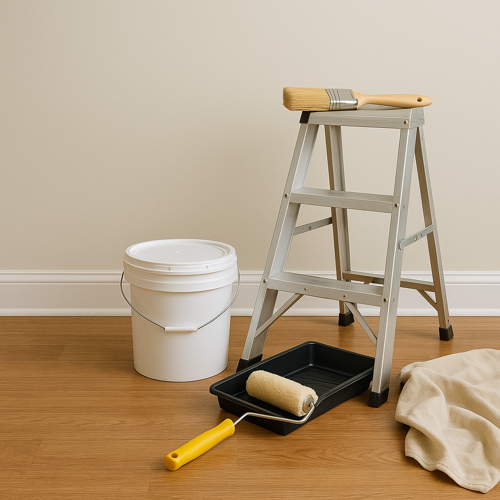 Professional painting tools neatly arranged in a clean workspace, symbolising quality assurance and attention to detail by Pristine Coat Painting on the Central Coast NSW.